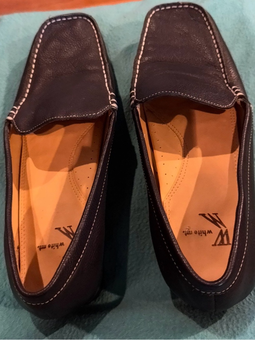 White Mountain Navy Leather Slip-On Loafers with White Stitching